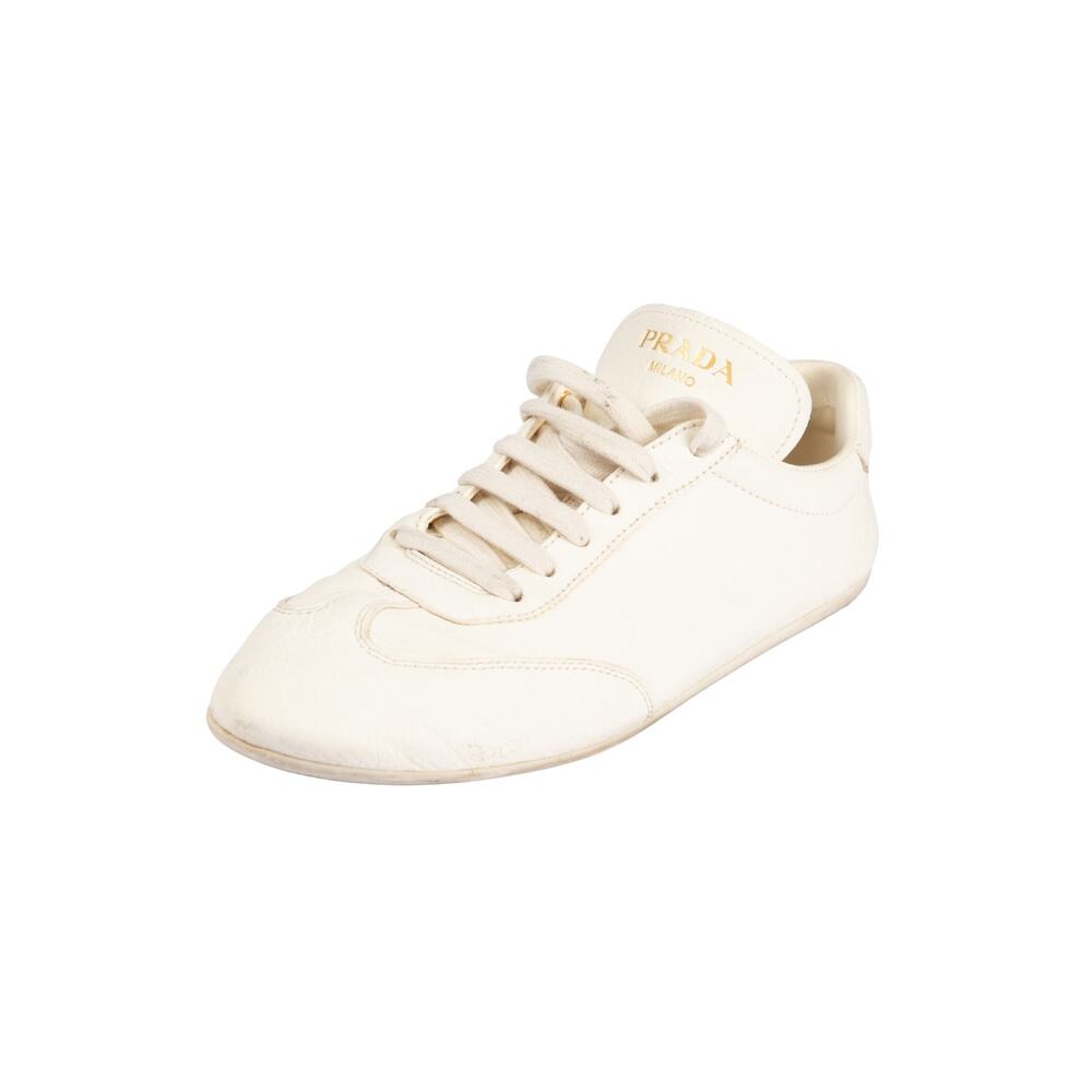 PRADA Ivory Leather Logo Print Lace Up Low Top Trainer Sneakers Size EU 40 US 10 - Picture 2 of 5